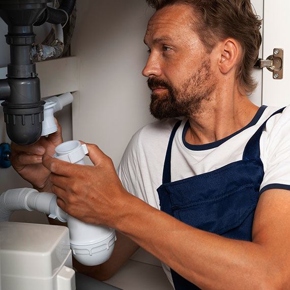 Plumber repairing pipes under sink, demonstrating leak detection and repair expertise in residential plumbing.