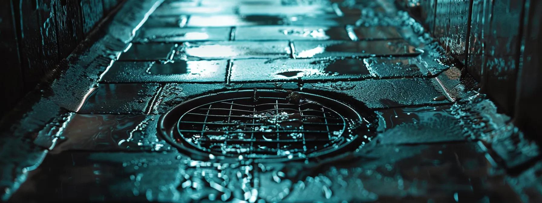 Wet pavement with a visible drain cover, reflecting water, illustrating plumbing and drainage issues relevant to drain cleaning services.
