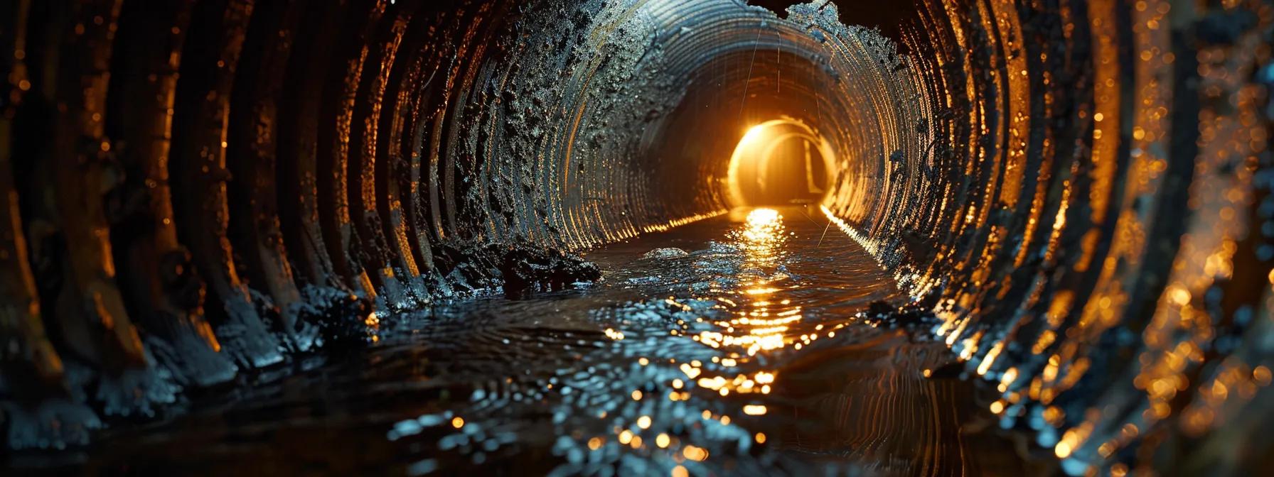 Interior view of a sewer pipe showing stagnant water and debris, highlighting common plumbing issues in homes, relevant to drain cleaning methods in Prince George’s County.