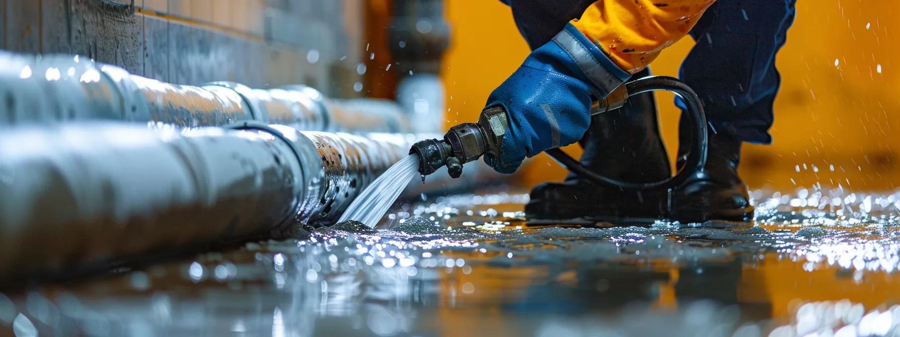 Person using a hose to clean pipes in a flooded area, emphasizing local drain cleaning services in Prince George's County.