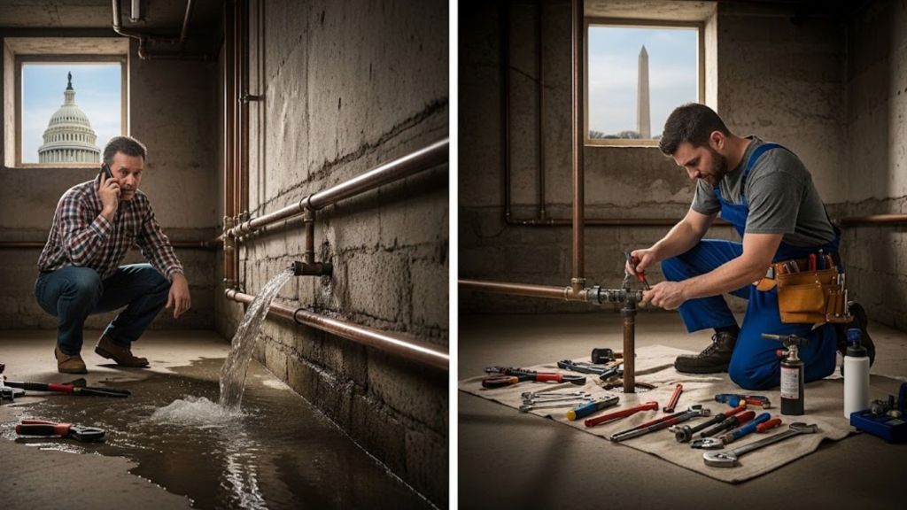 Man on phone assessing plumbing emergency with water leak in basement, and plumber repairing pipes with tools, Washington D.C. landmarks visible in background.