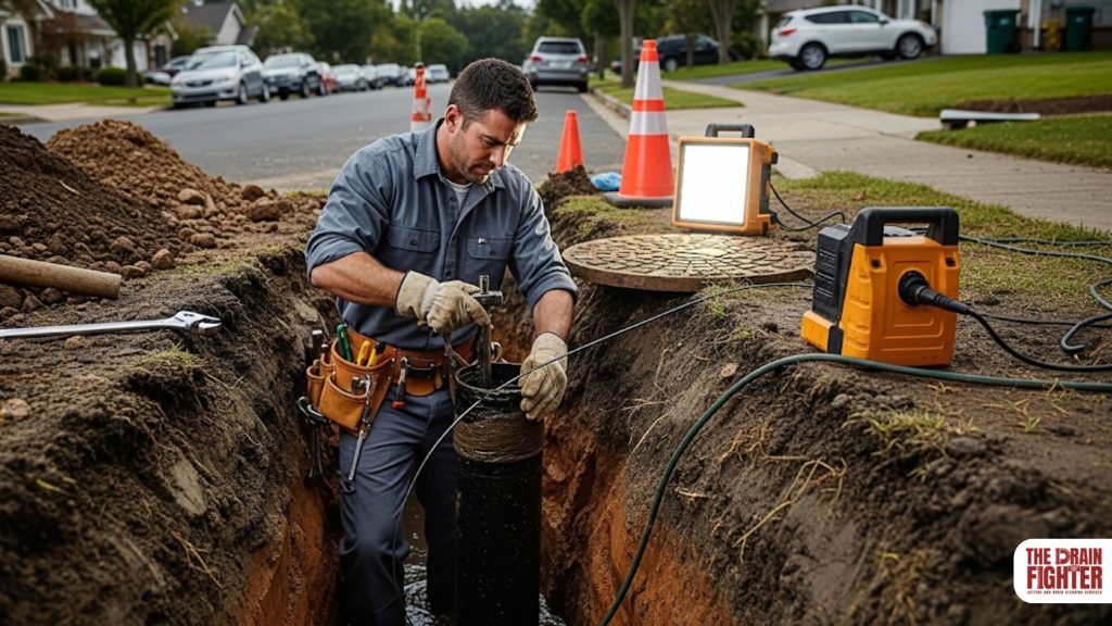 Emergency plumber fixing a clogged sewer line in Bethesda, working in a dug trench, surrounded by tools and equipment, with visible safety cones and a light source.
