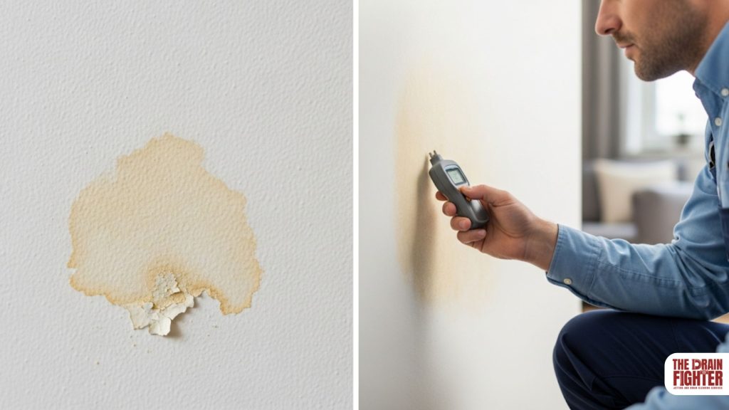 Water-stained wall with peeling paint and a person using a moisture meter to detect hidden water leaks, illustrating signs of plumbing issues.