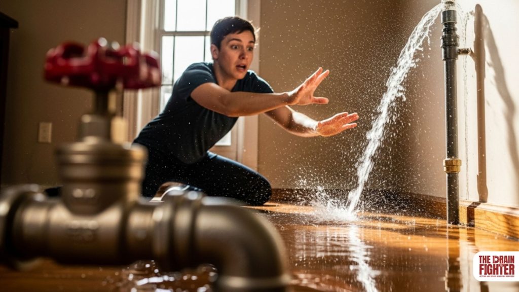Person reacting to a burst pipe emergency in a Bethesda home, water gushing onto the floor, with plumbing fixtures visible, emphasizing urgency for emergency plumbing services.