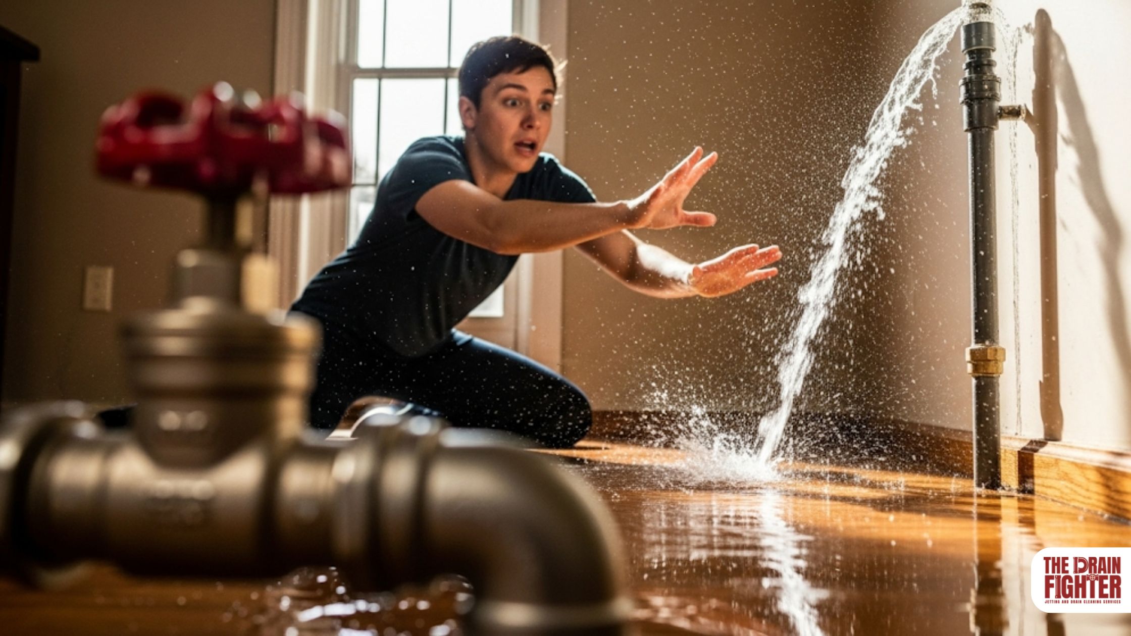 Person reacting to a burst pipe emergency in a Bethesda home, with water gushing from a pipe and flooding the floor, highlighting the urgency of plumbing issues.